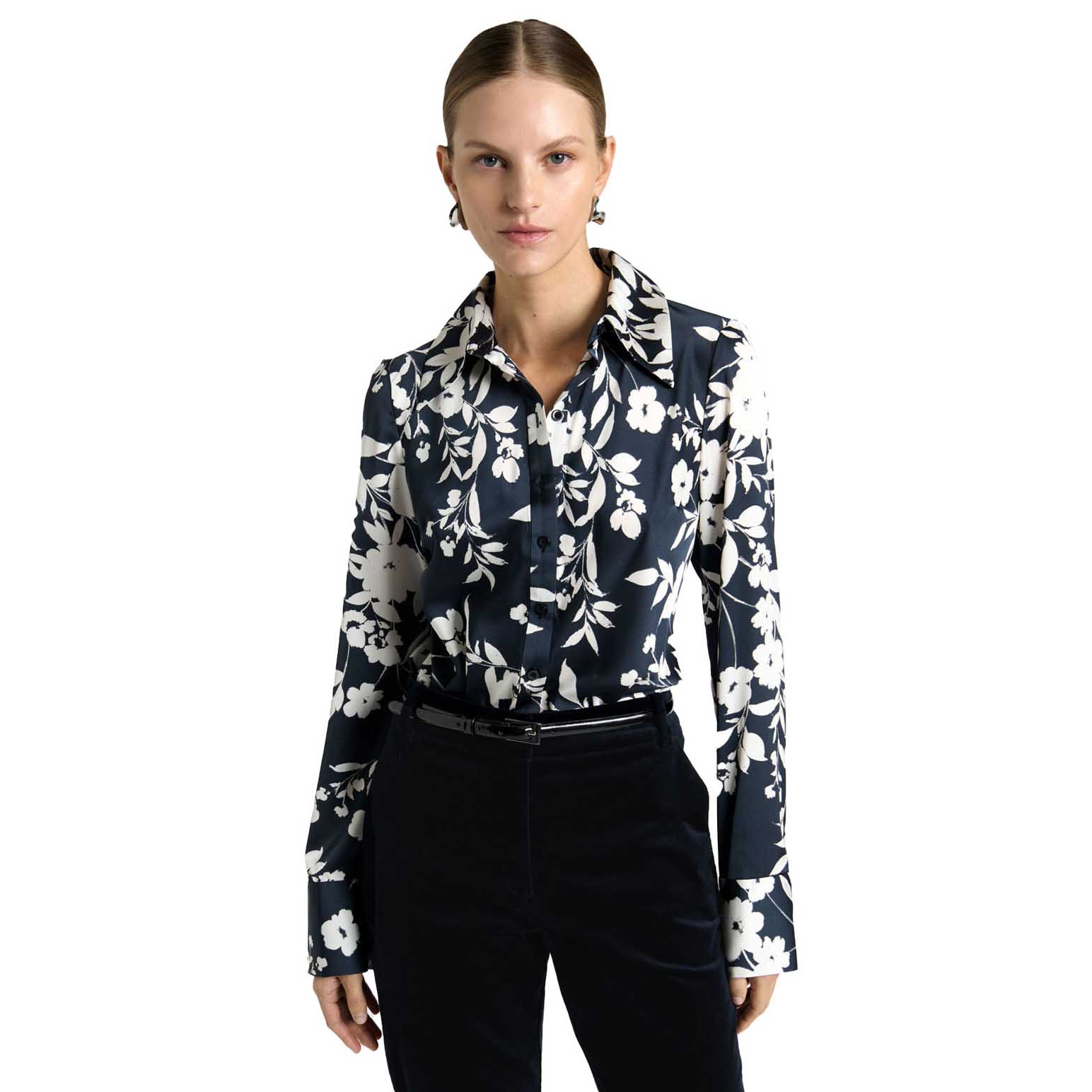 Cue Ink Stencil Floral Satin Shirt